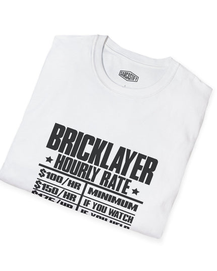 White t-shirt with black bricklayer text on a white background