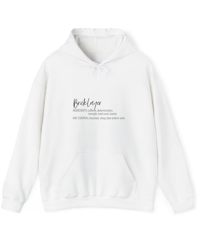 White hoodie with bricklayer text on a white background