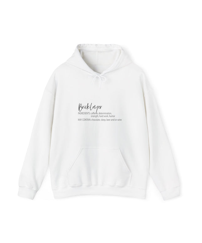 White hoodie with bricklayer text on a white background