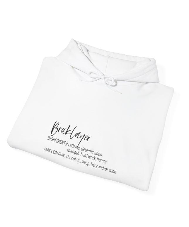 White hoodie with bricklayer text on a white background