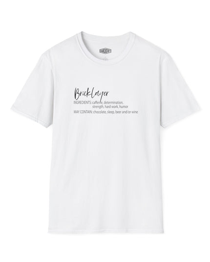 White t-shirt with bricklayer text on a white background