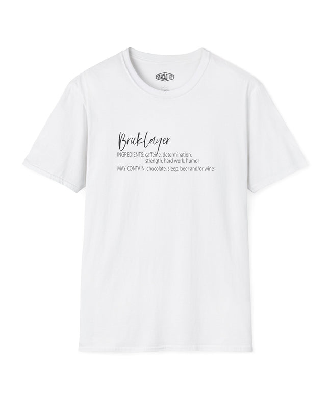 White t-shirt with bricklayer text on a white background