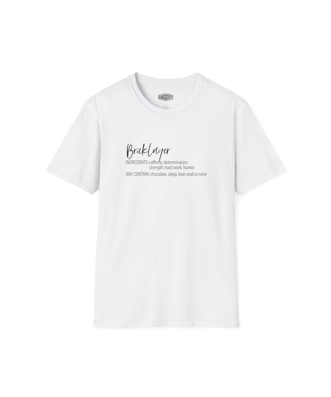 White t-shirt with bricklayer text on a white background
