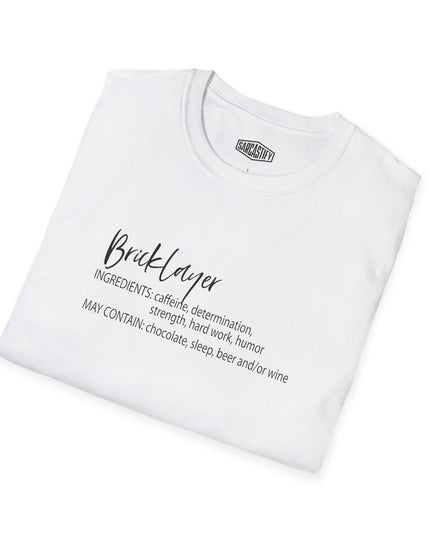 White t-shirt with bricklayer text on a white background