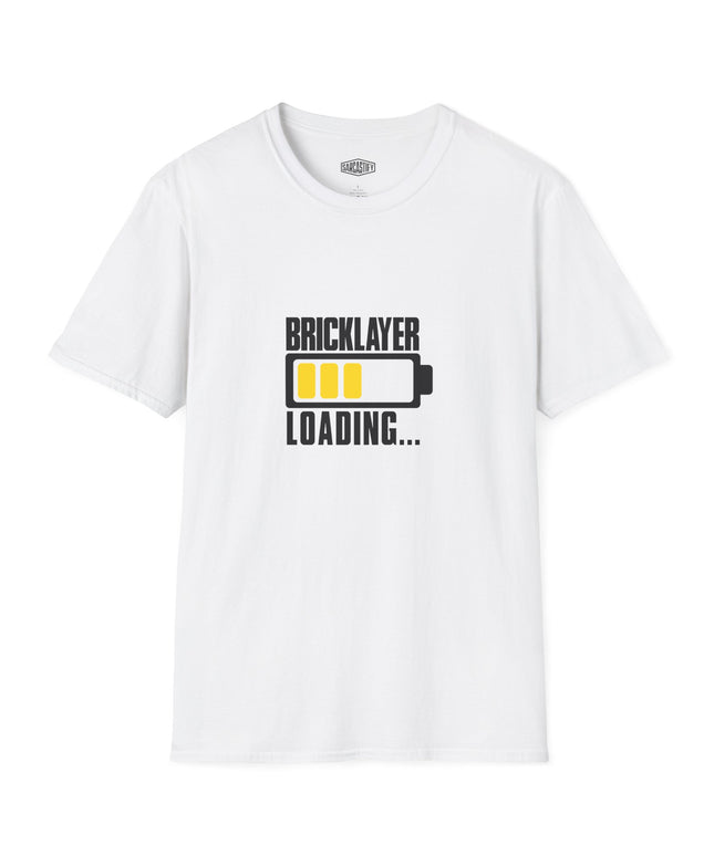 White t-shirt with 'BRICKLAYER LOADING...' graphic on a white background
