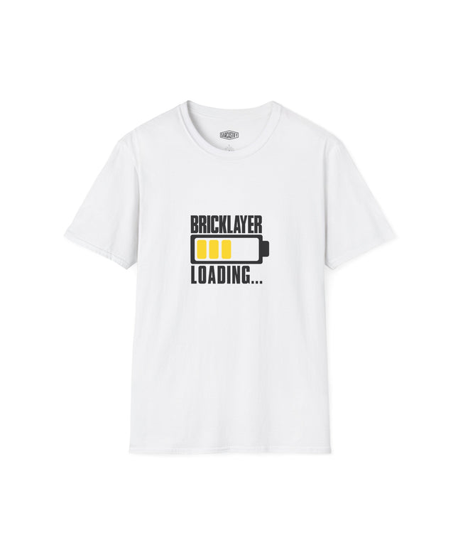 White t-shirt with 'BRICKLAYER LOADING...' graphic on a white background