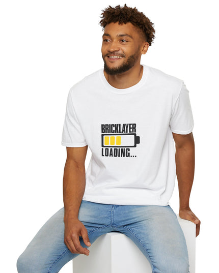 Man wearing a white t-shirt with 'BRICKLAYER Loading.