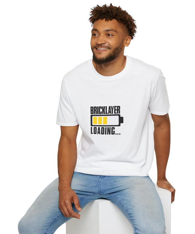 Man wearing a white t-shirt with 'BRICKLAYER Loading.