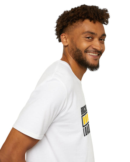 Man wearing a white t-shirt with text on a white background