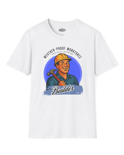 White t-shirt with a graphic of a construction worker and text on a white background