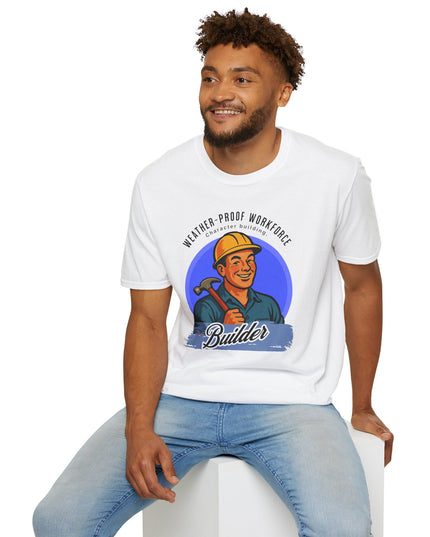 Man wearing a white t-shirt with a graphic design of a construction worker and text.