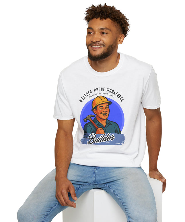 Man wearing a white t-shirt with a graphic design of a construction worker and text.