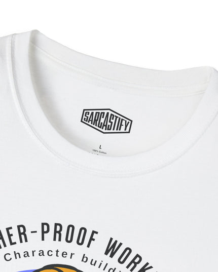 White t-shirt with 'Sarcastify' logo and text on a white background