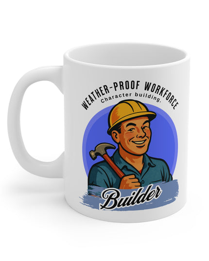 White mug with a graphic of a construction worker and text on a white background