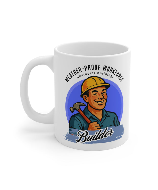 White mug with a graphic of a construction worker and text on a white background