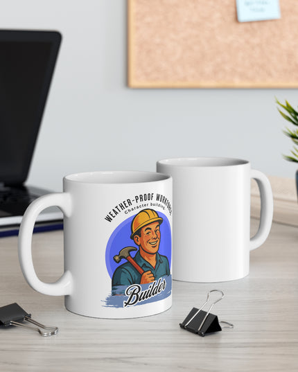 Two white mugs with a worker illustration on a desk with office supplies.