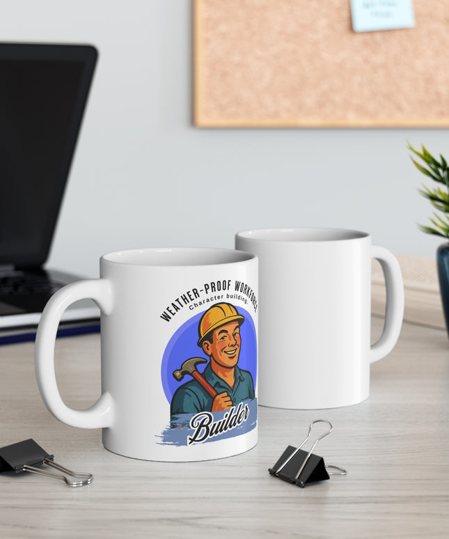 Two white mugs with a worker illustration on a desk with office supplies.