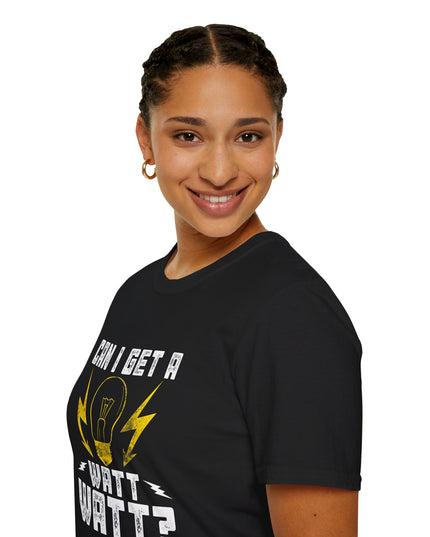 Person wearing a black t-shirt with a graphic design and text on a white background