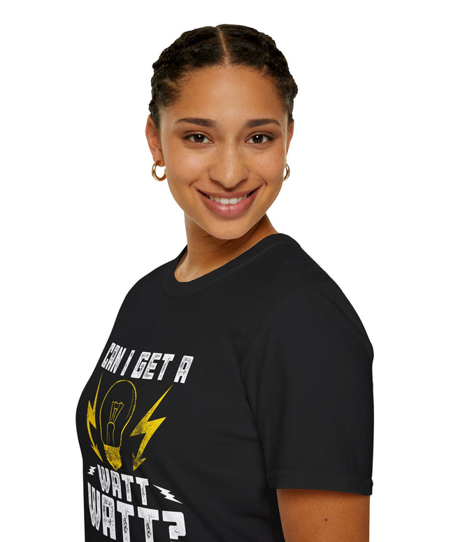 Person wearing a black t-shirt with a graphic design and text on a white background