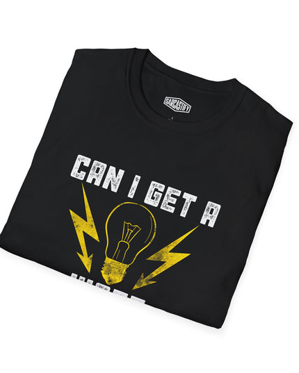Black t-shirt with yellow graphic design and text on a white background