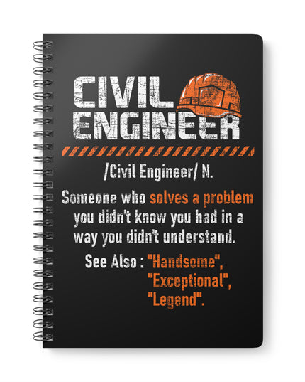 Black notebook with 'Civil Engineer' definition and graphic on a white background