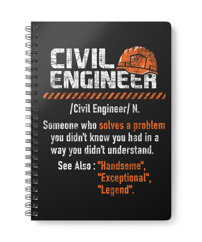 Black notebook with 'Civil Engineer' definition and graphic on a white background