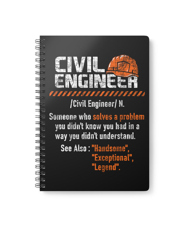 Black notebook with 'Civil Engineer' definition and graphic on a white background