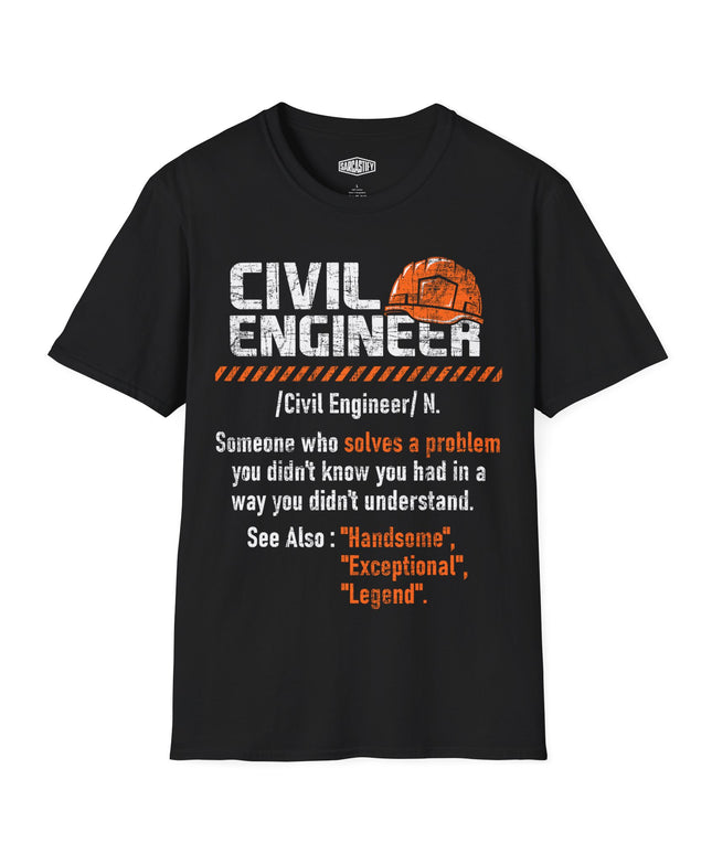 Black t-shirt with civil engineer graphic and text on a white background