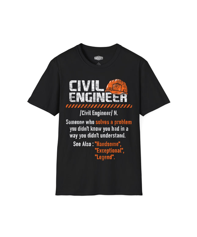 Black t-shirt with civil engineer graphic and text on a white background