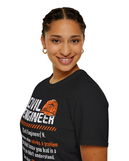 Person wearing a black t-shirt with 'Civil Engineer' text and graphic on a white background