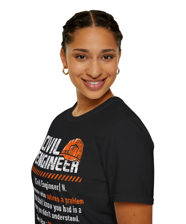 Person wearing a black t-shirt with 'Civil Engineer' text and graphic on a white background