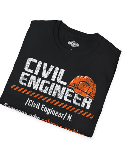 Black t-shirt with 'Civil Engineer' text and graphic on a white background