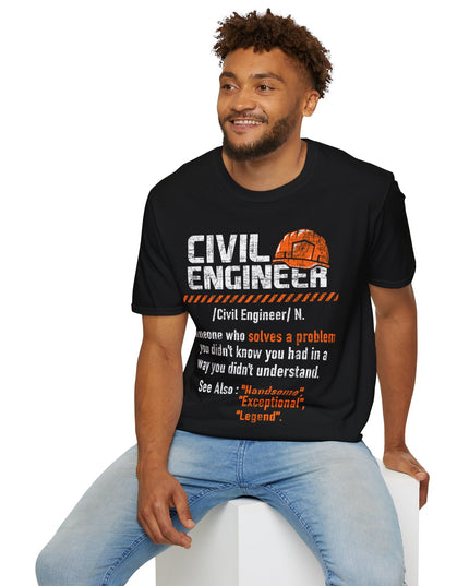 Man wearing a black t-shirt with 'Civil Engineer' text and definition, sitting on a white stool.