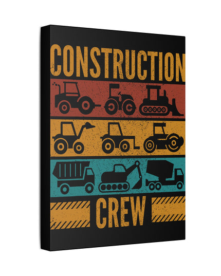 Retro construction crew wall art featuring silhouettes of tractors, bulldozers, dump trucks, and excavators on colorful vintage stripes.
