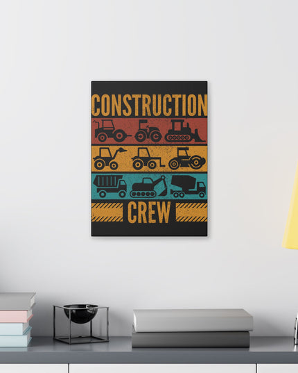 Retro construction crew wall art featuring silhouettes of tractors, bulldozers, dump trucks, and excavators on colorful vintage stripes, on a white wall