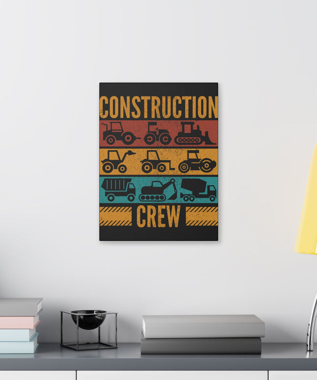 Retro construction crew wall art featuring silhouettes of tractors, bulldozers, dump trucks, and excavators on colorful vintage stripes, on a white wall
