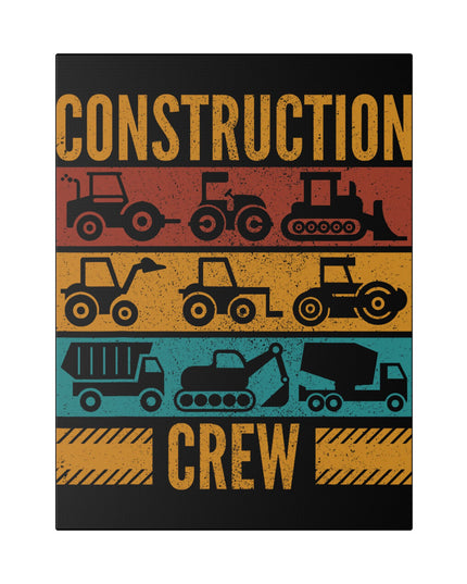 Retro construction crew wall art featuring silhouettes of tractors, bulldozers, dump trucks, and excavators on colorful vintage stripes.