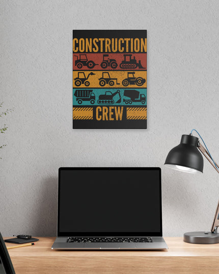 Retro construction crew wall art featuring silhouettes of tractors, bulldozers, dump trucks, and excavators on colorful vintage stripes, on a white wall, in front of a desk