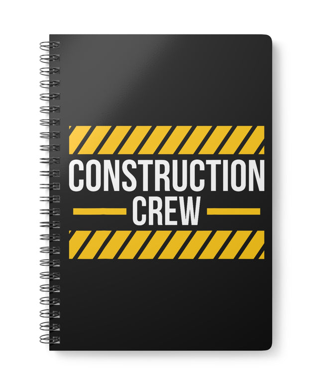 Black notebook with 'Construction Crew' text and yellow hazard stripes on a white background