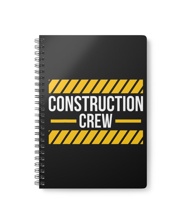 Black notebook with 'Construction Crew' text and yellow hazard stripes on a white background