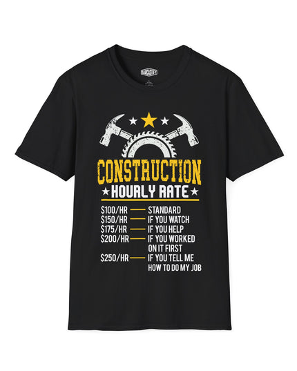Black t-shirt with construction-themed graphic and text on a white background