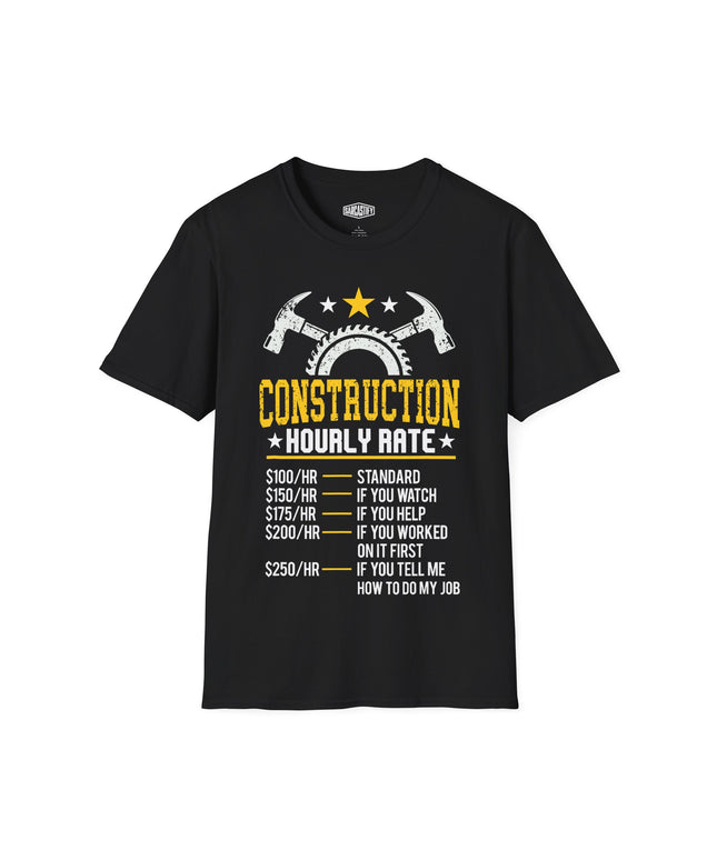 Black t-shirt with construction-themed graphic and text on a white background