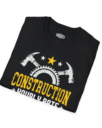 Black t-shirt with construction-themed design on a white background