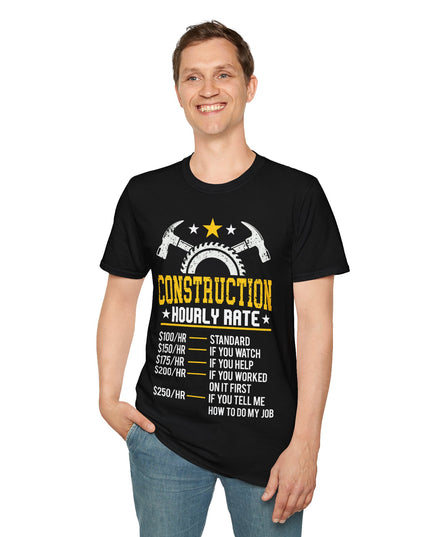 Person wearing a black t-shirt with a humorous construction-themed graphic and text.