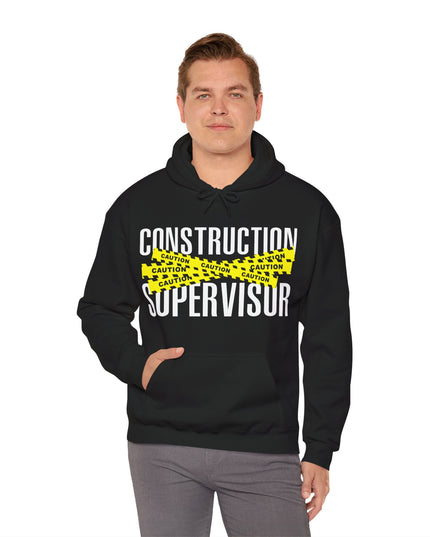 Person wearing a black hoodie with 'Construction Supervisor' text on a white background