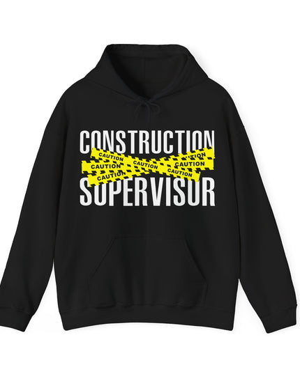 Black hoodie with 'Construction Supervisor' text and yellow caution graphic on a white background