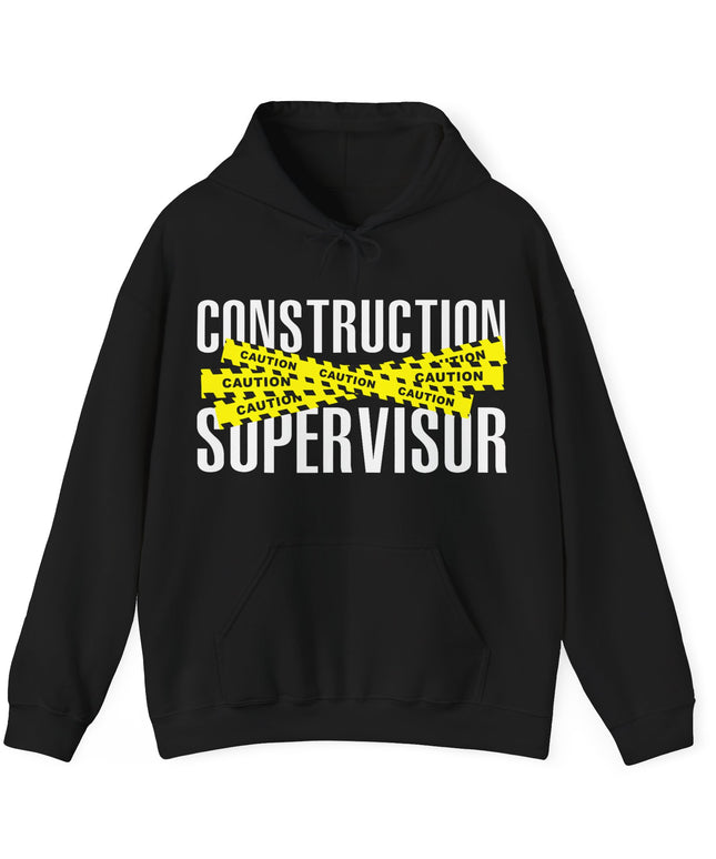 Black hoodie with 'Construction Supervisor' text and yellow caution graphic on a white background