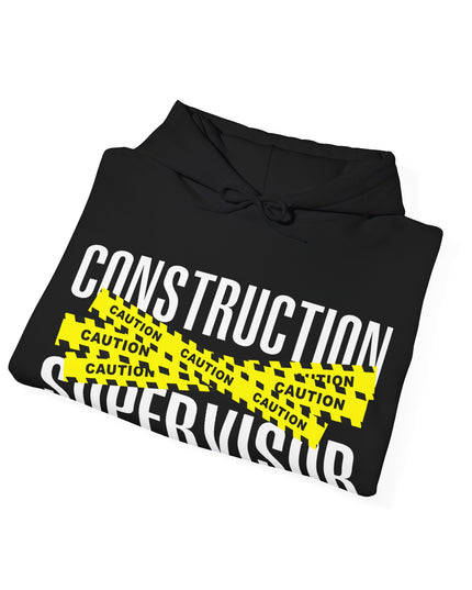 Black hoodie with 'Construction Supervisor' text and yellow warning tape design on a white background