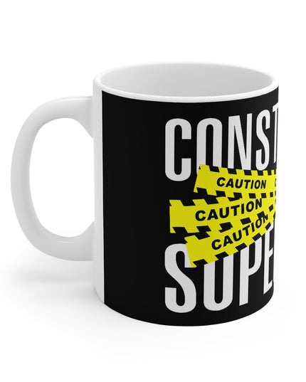 Mug with construction-themed design featuring the word 'Construction Supervisor' and caution tape graphic.