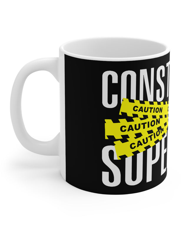 Mug with construction-themed design featuring the word 'Construction Supervisor' and caution tape graphic.